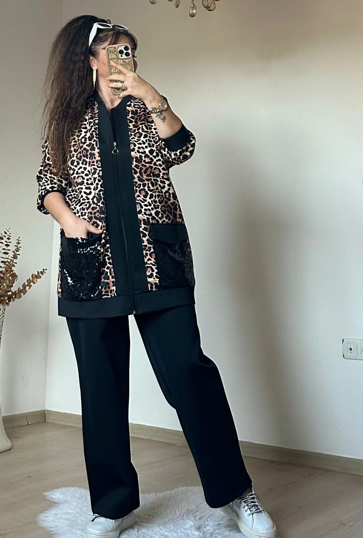Pul Payetli Leopar Takım Siyah