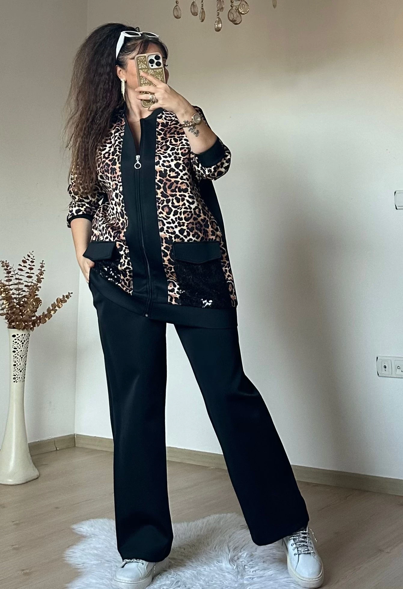 Pul Payetli Leopar Takım Siyah