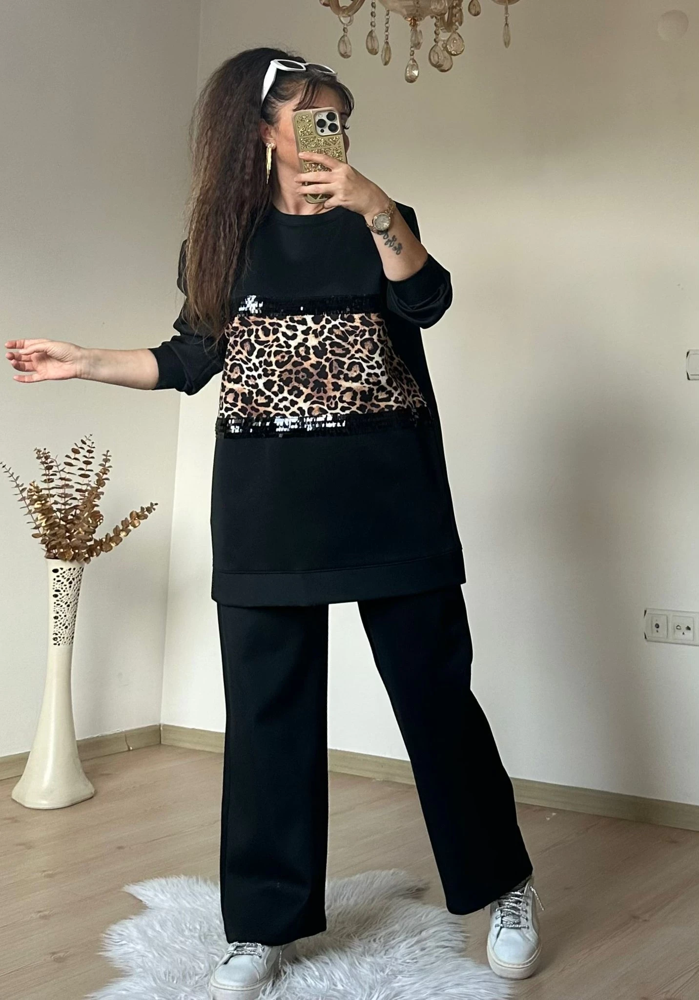 Pul Şeritli Leopar Takım Siyah