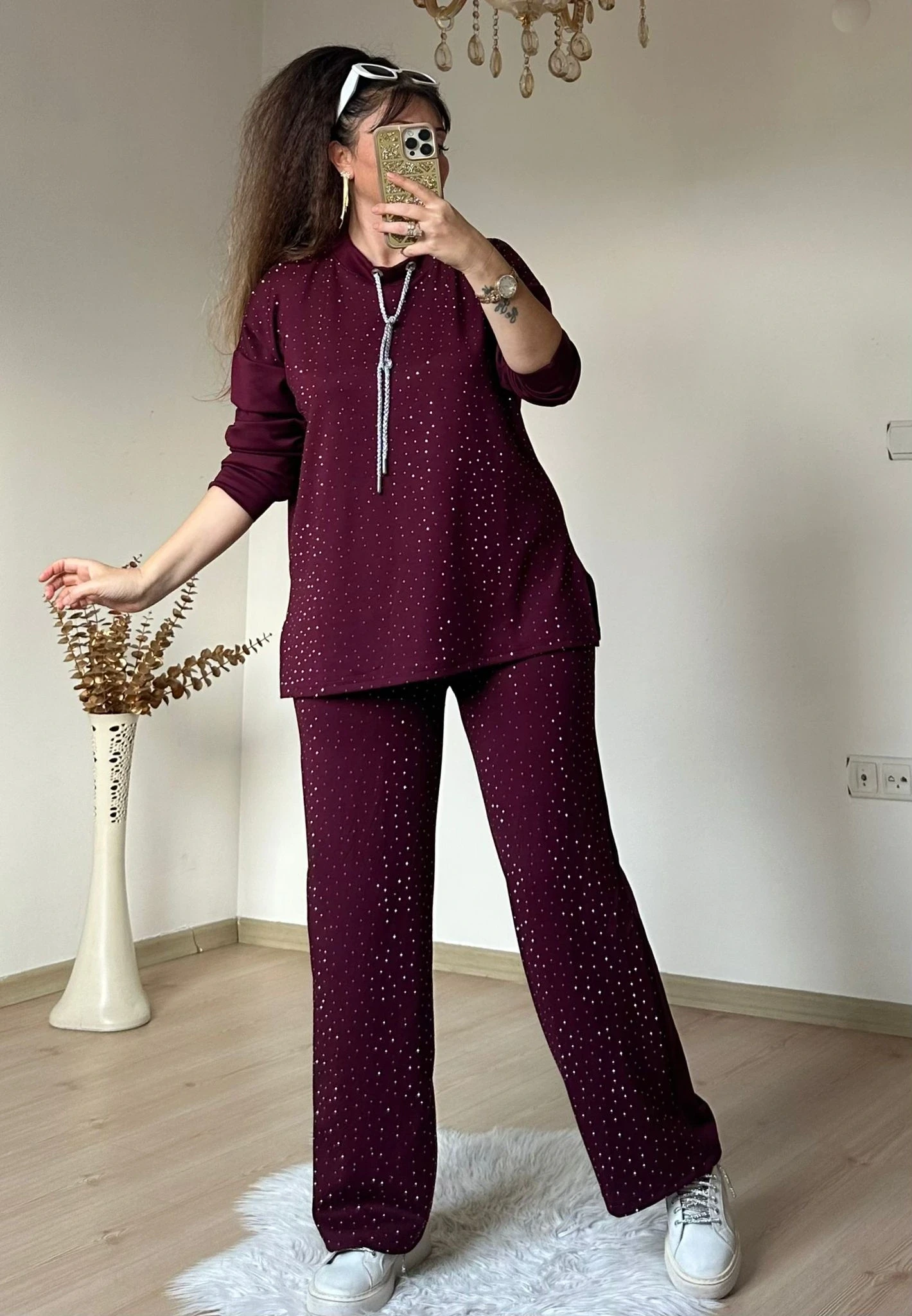 Simli İp Bağcıklı Taşlı Takım Bordo