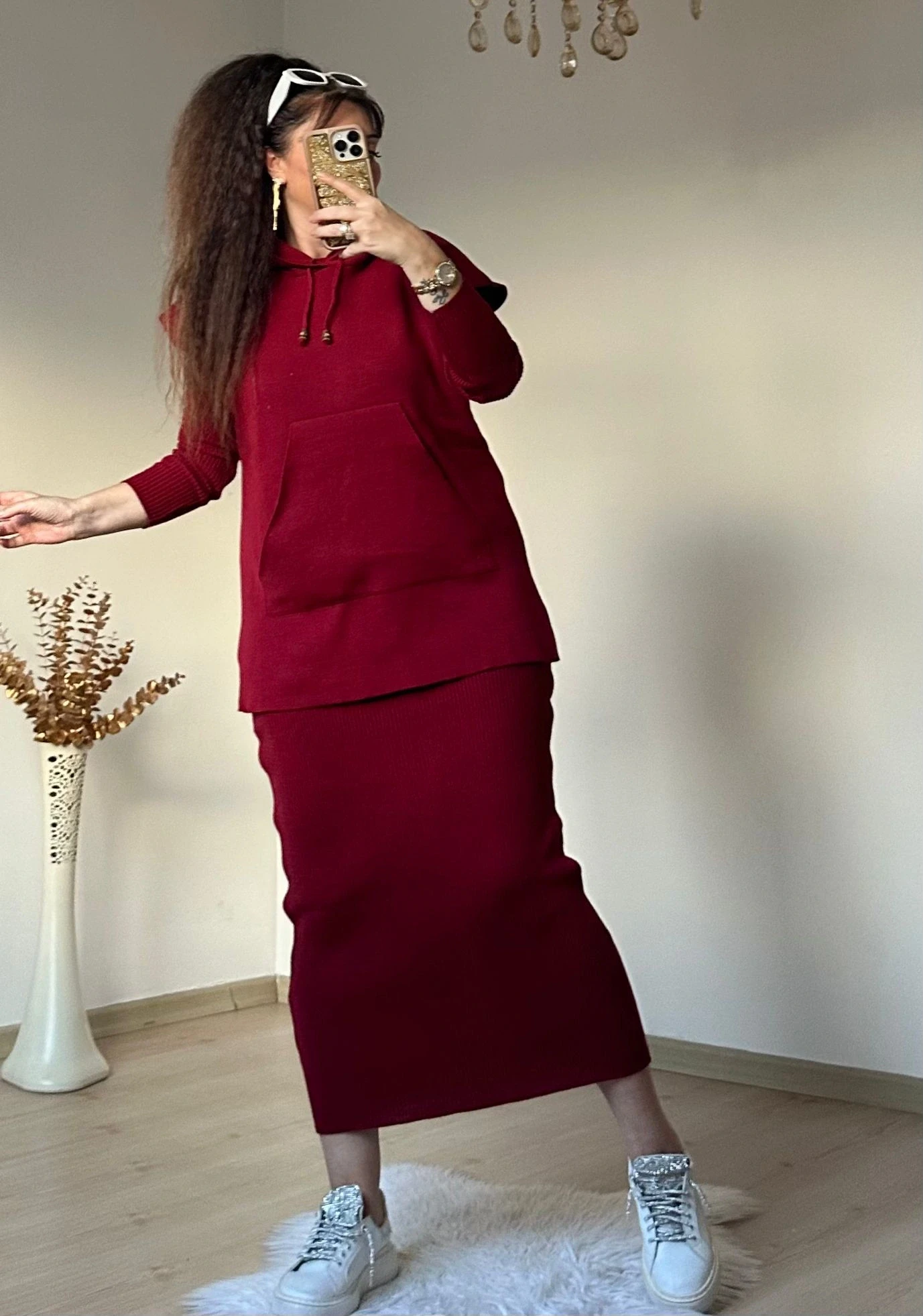 Süveterli Elbise Takım Bordo