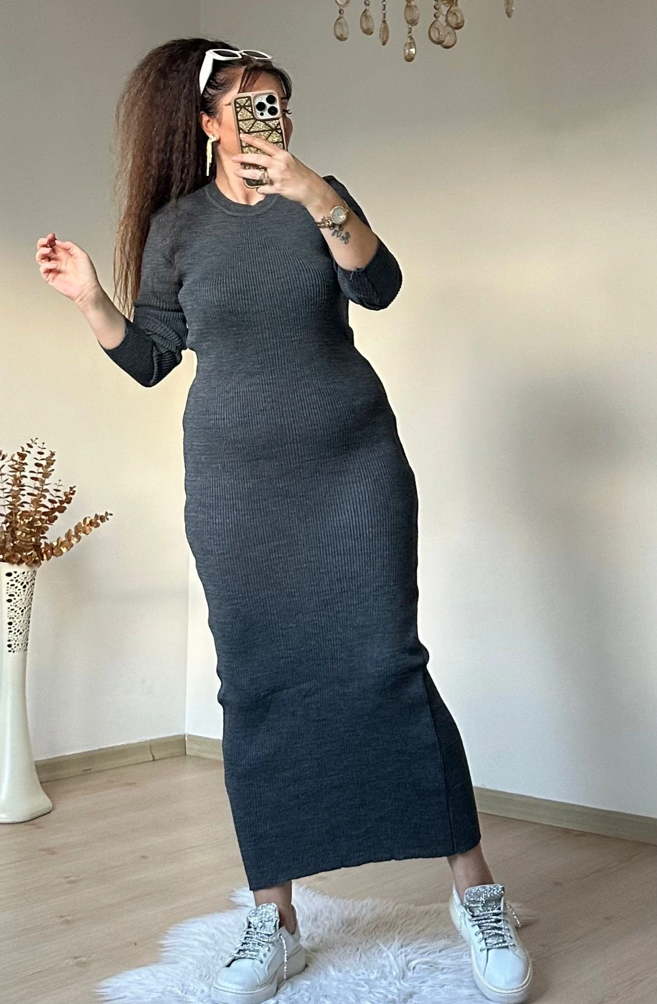 Süveterli Elbise Takım Füme