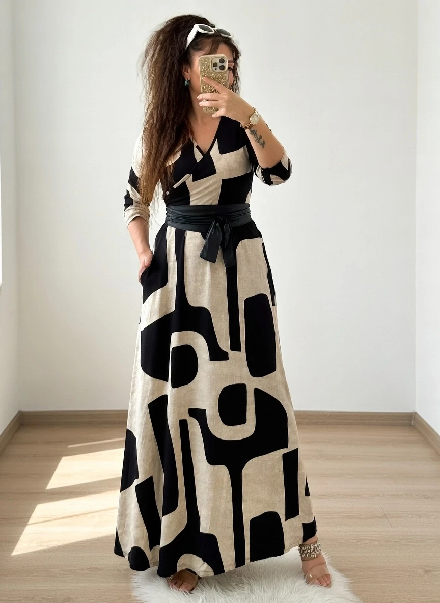 Tam Boy Bej Geometrik Desen Elbise