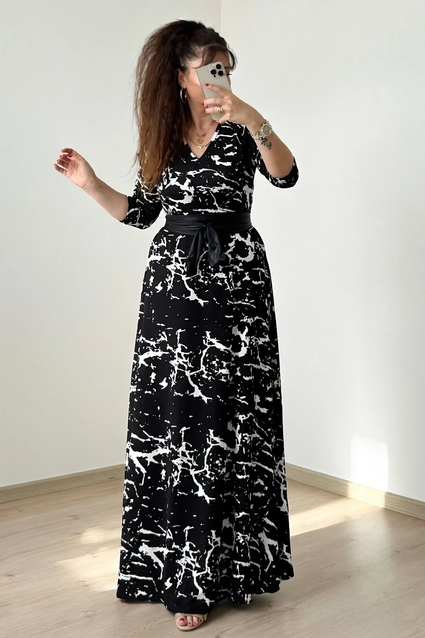 Tam Boy Beyaz Desen Elbise