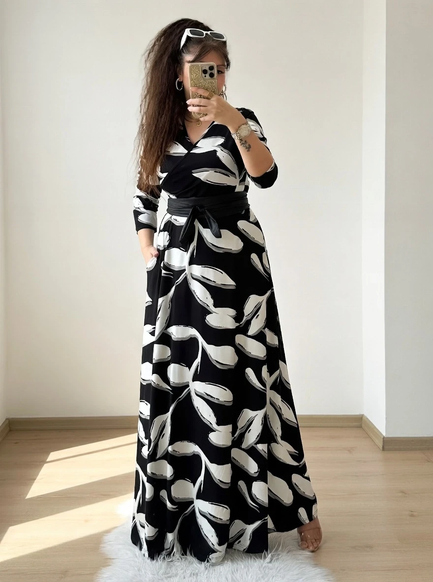 Tam Boy Beyaz Yaprak Desen Elbise