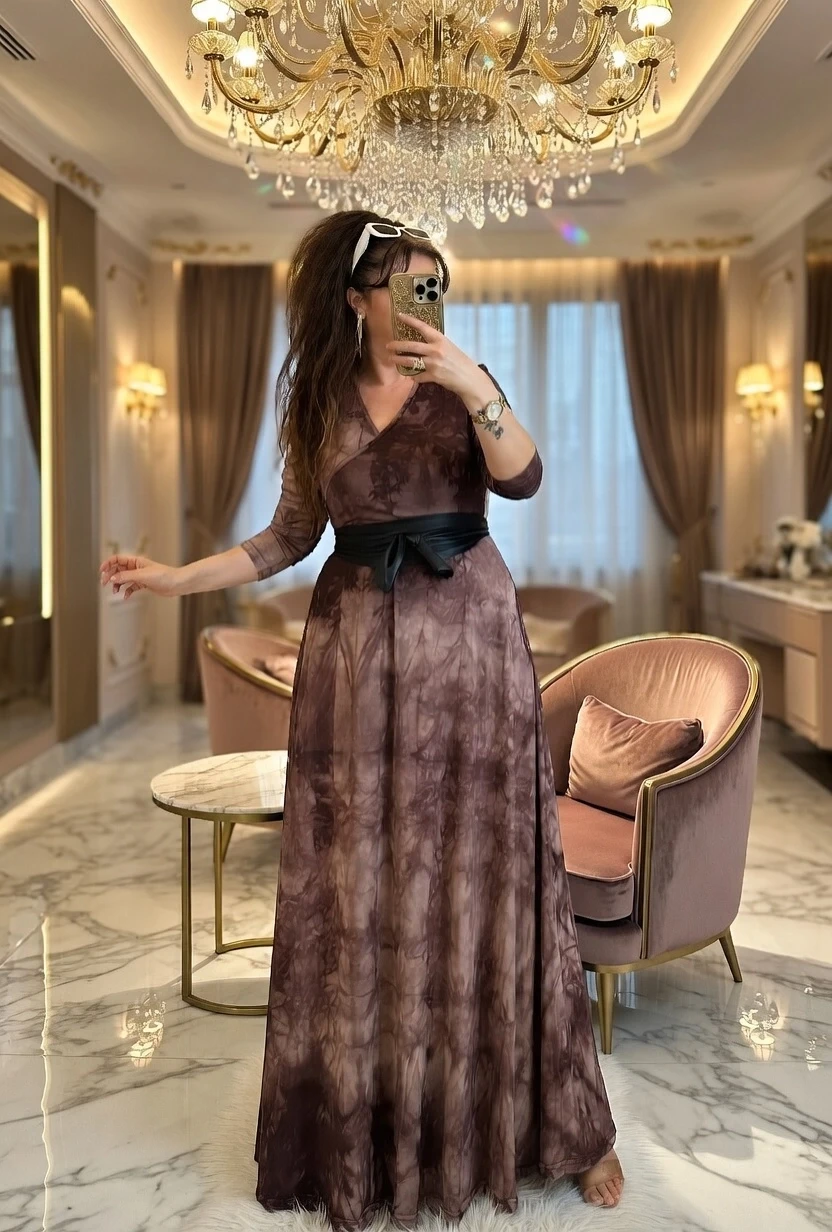 Tam Boy Kahve Dalga Desen Elbise