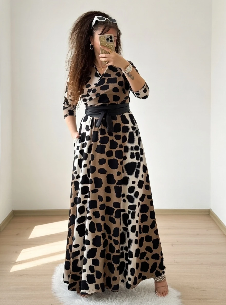Tam Boy Koyu Leopar Elbise