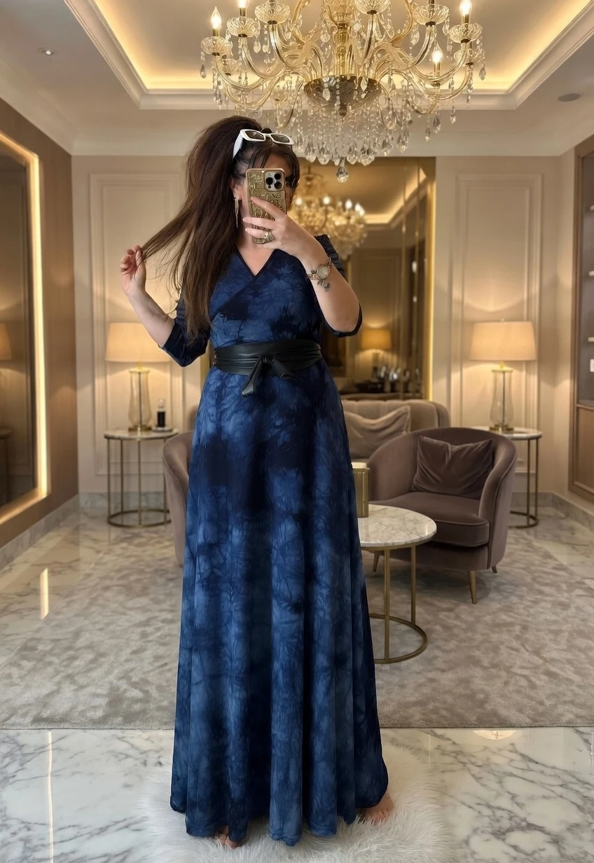 Tam Boy Lacivert Dalga Desen Elbise