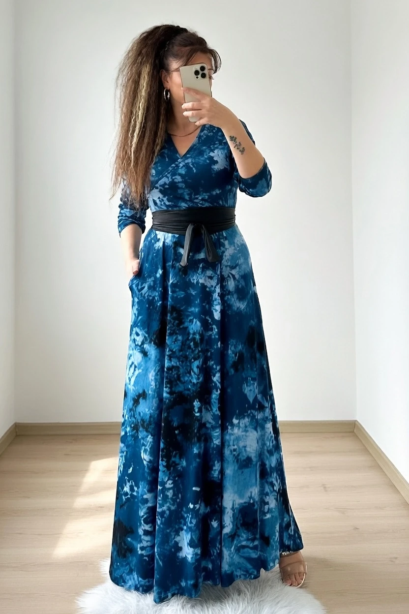 Tam Boy Mavi Desen Elbise