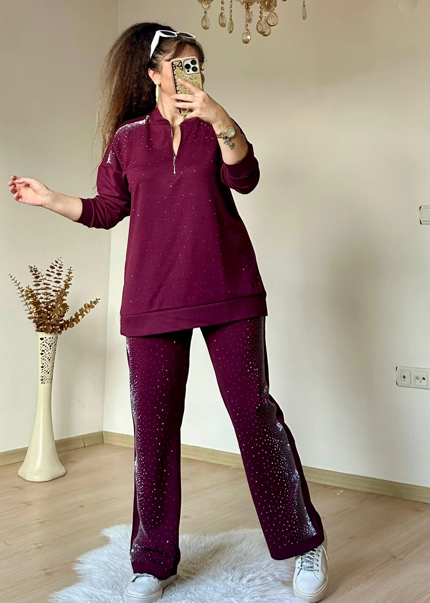 Tasarım Taşlı Takım Bordo