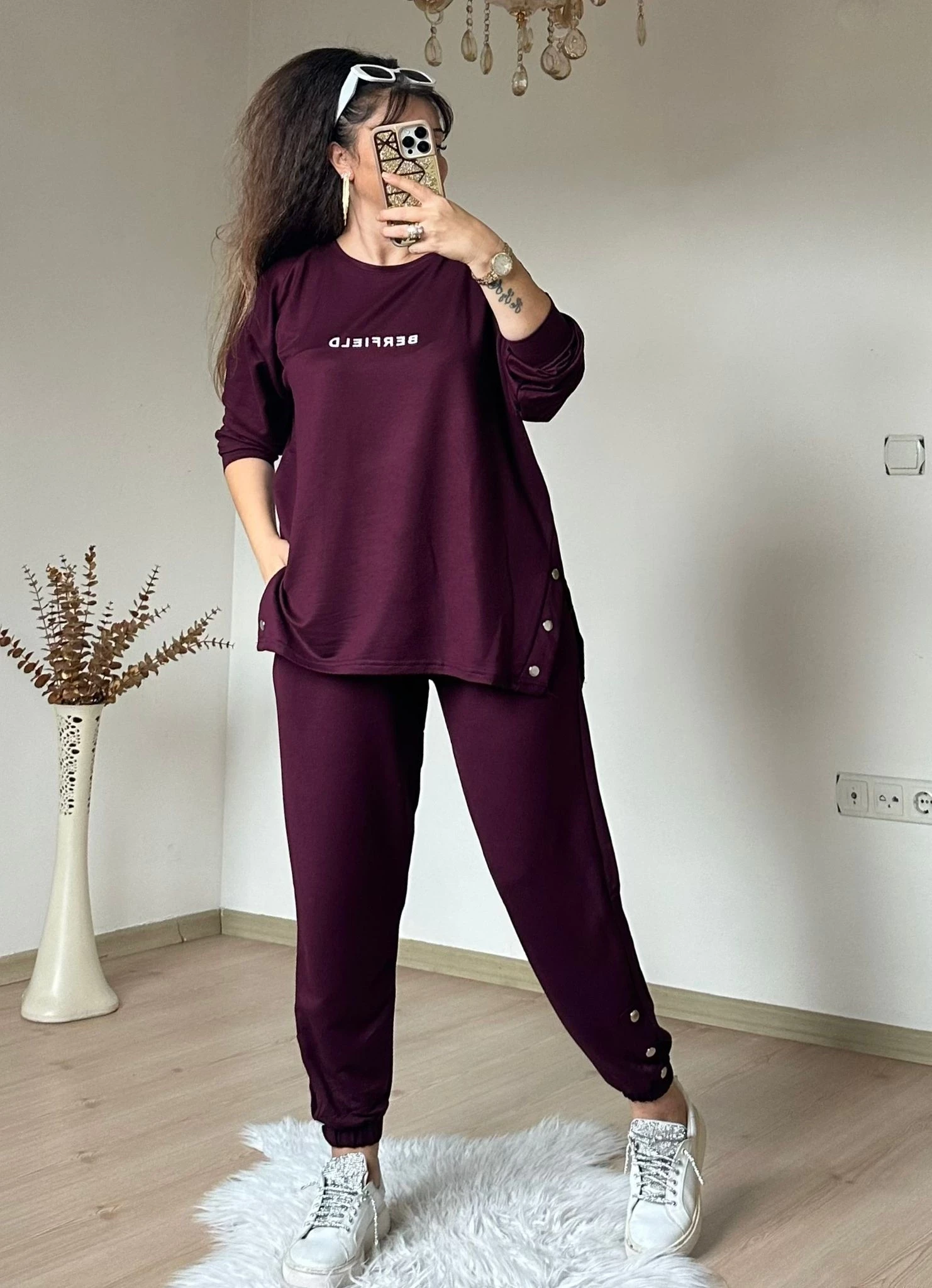 Uzun Kol Yan Çıtçıtlı Mürdüm Takım