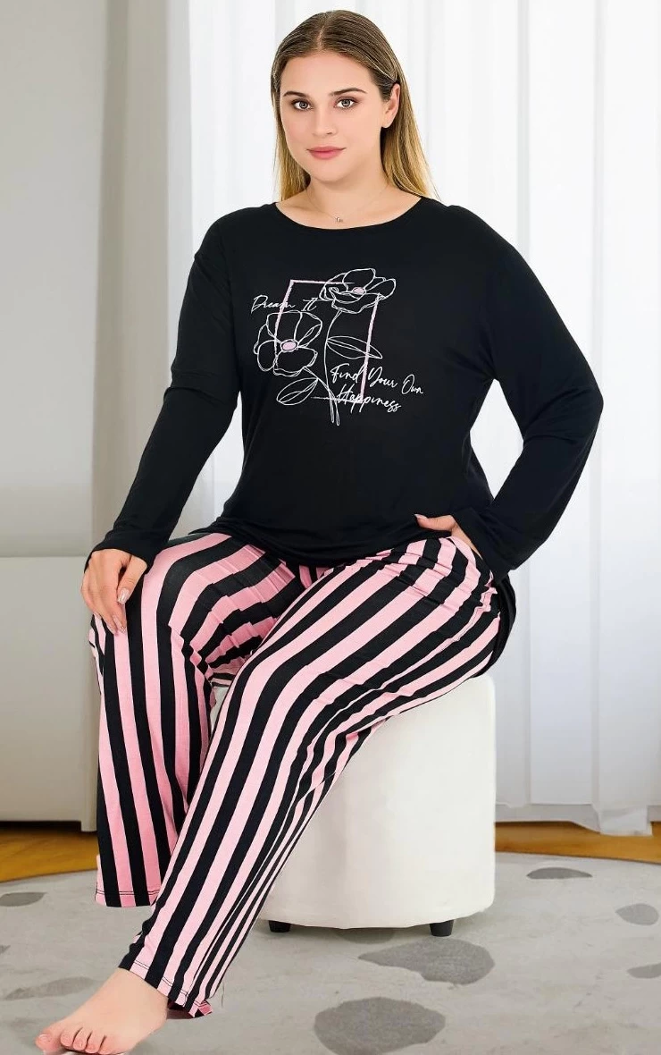 Uzun Kollu Siyah Büyük Beden Viskon Pijama Takımı