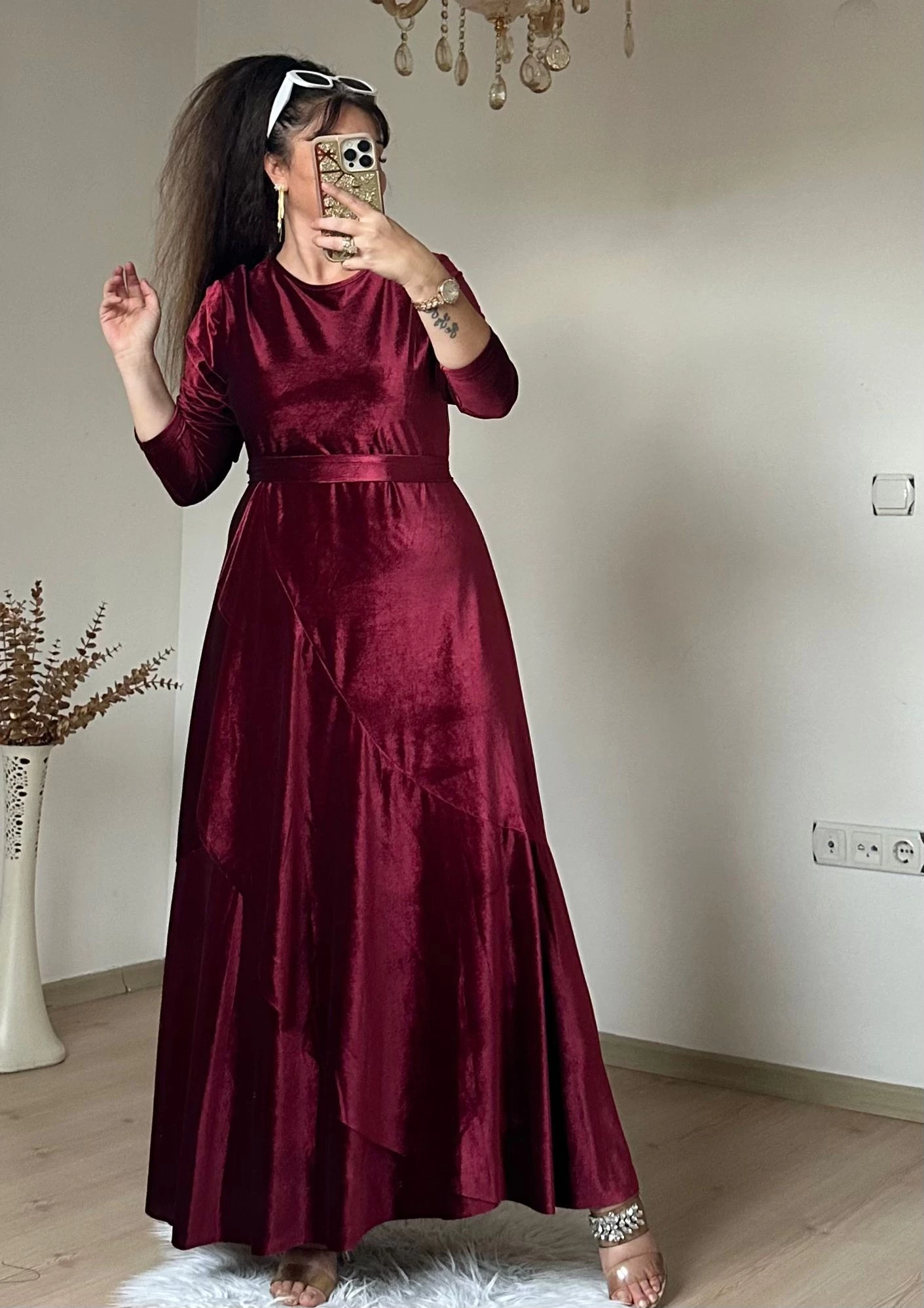 Volanlı Fırfırlı Kadife Elbıse Bordo