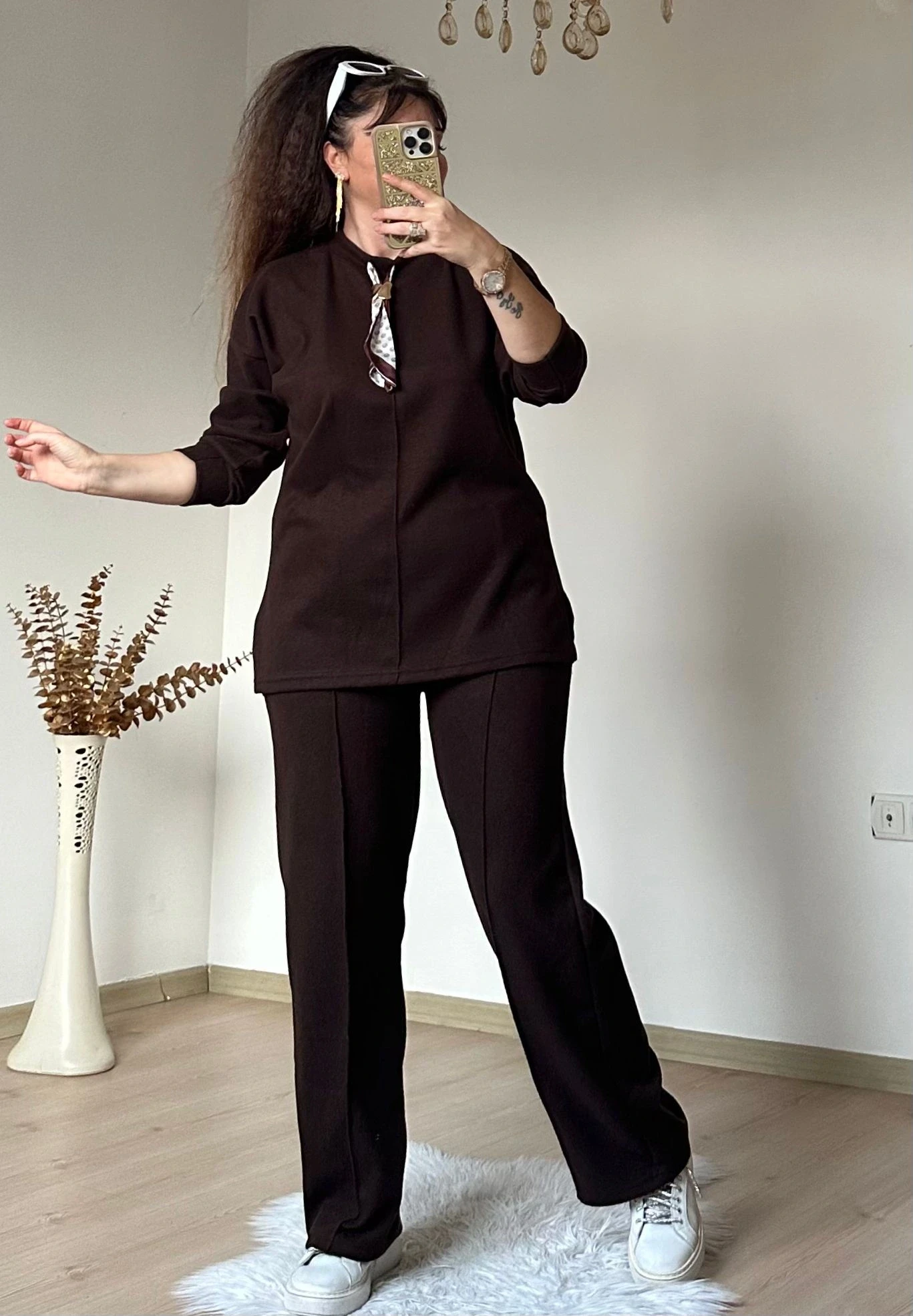 Yaka Şal Detaylı Takım Kahve