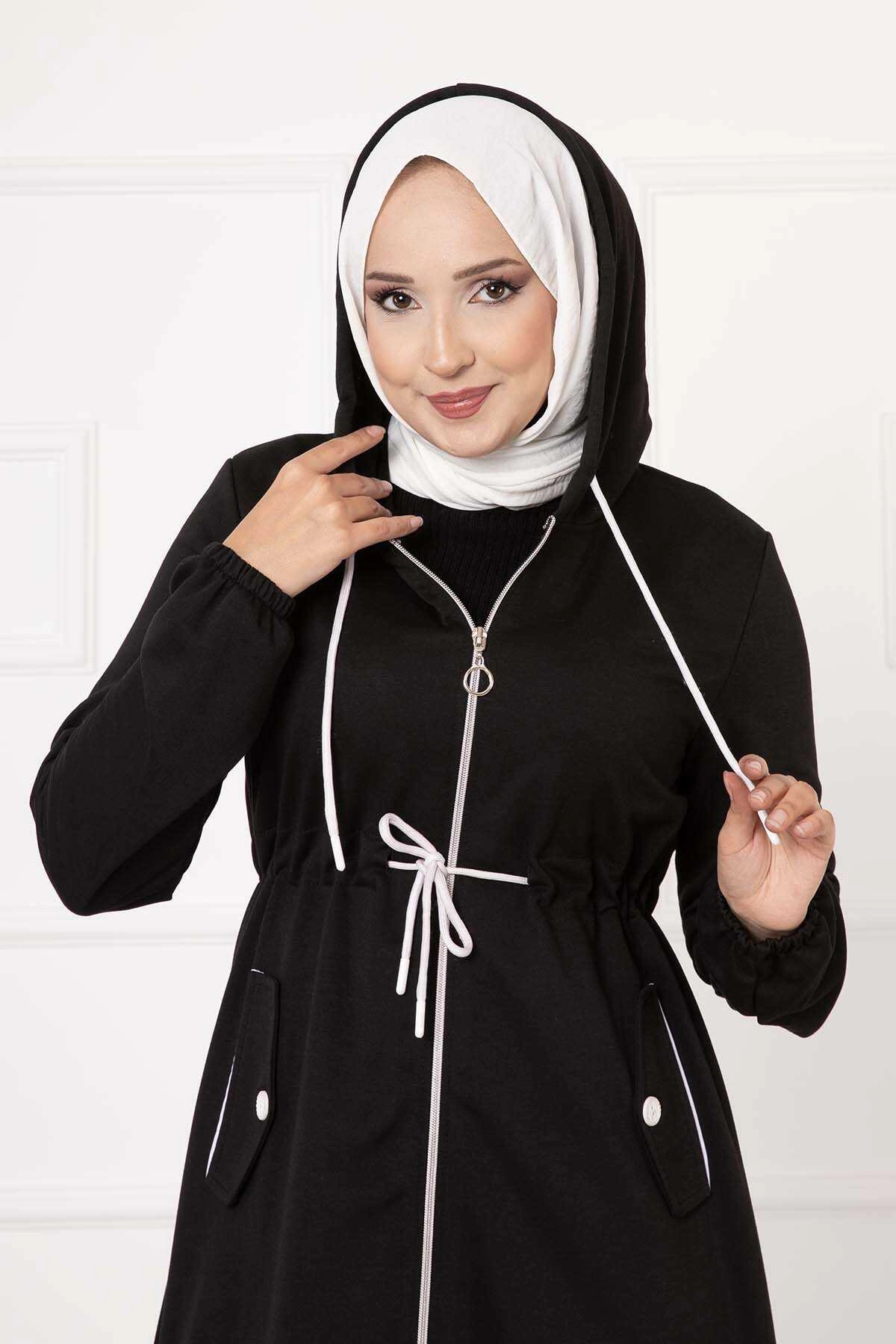 Kapşonlu Uzun İkili Takım Siyah Büyük beden Azra Moda