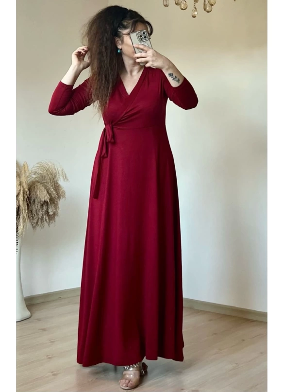 Bel Bağlamalı Elbise Bordo