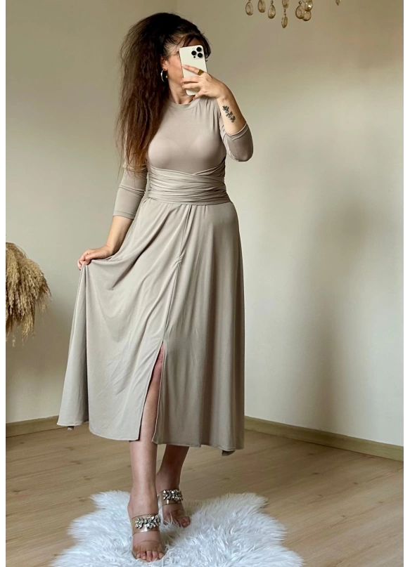 Bel Detaylı Elbise Bej