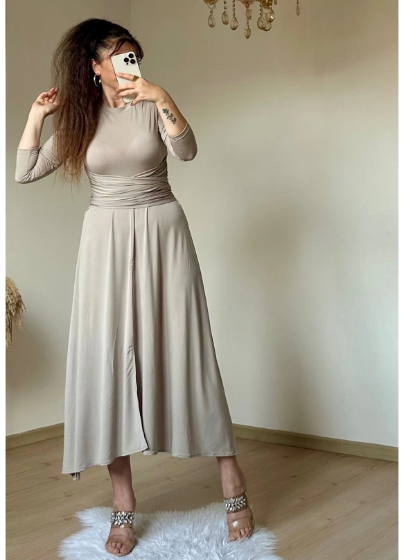 Bel Detaylı Elbise Bej
