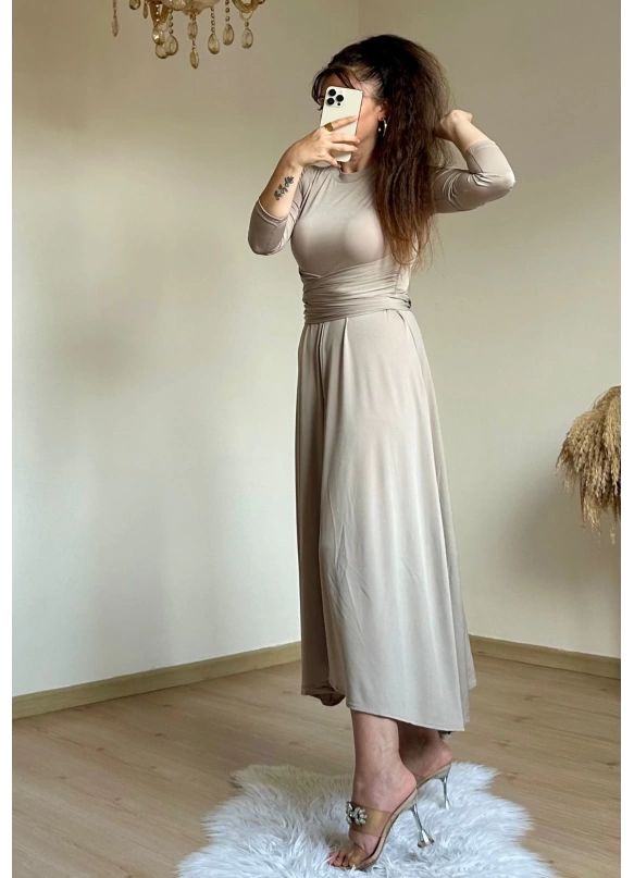 Bel Detaylı Elbise Bej