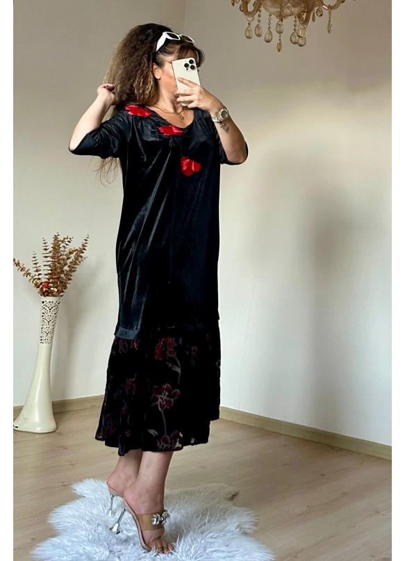 Gelincik İslemelı Kadife Elbise