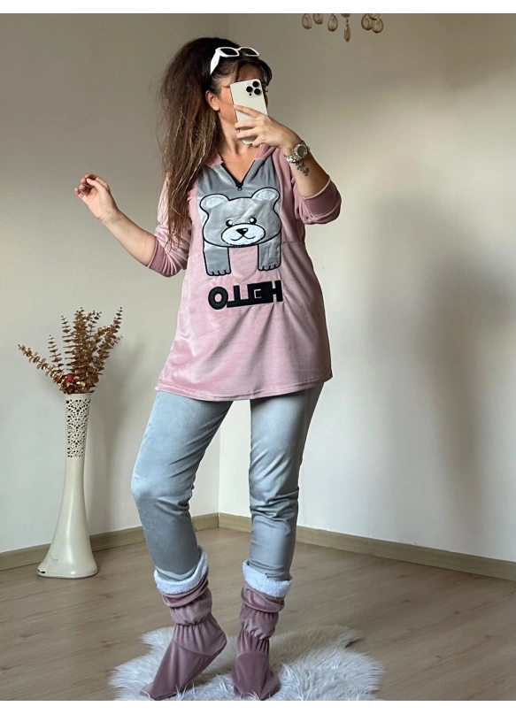 Hello Yazılı Kadife Takım Pudra