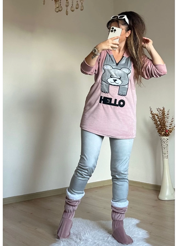 Hello Yazılı Kadife Takım Pudra