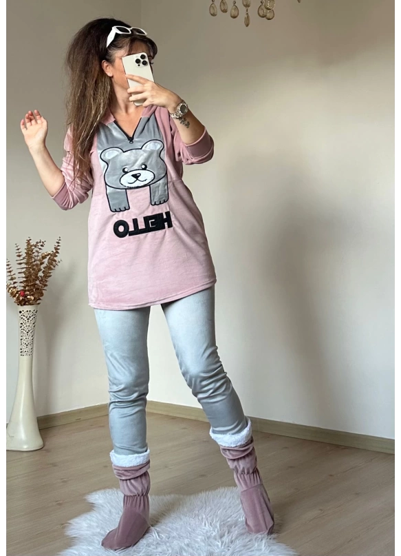 Hello Yazılı Kadife Takım Pudra