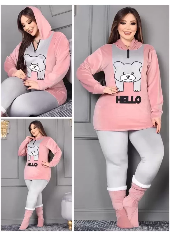 Hello Yazılı Kadife Takım Pudra