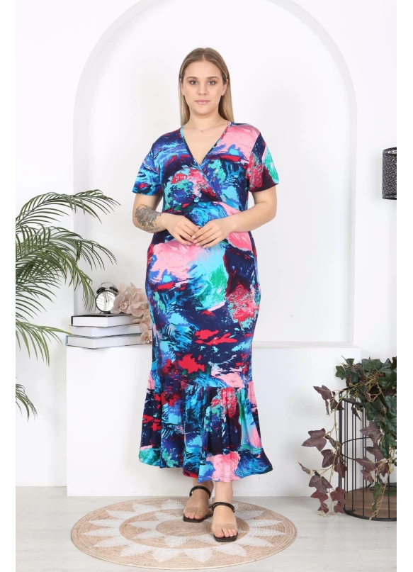Short Sleeve Ruffled Blue Print Dress