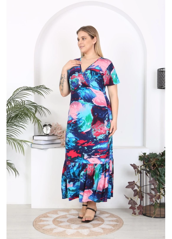 Short Sleeve Ruffled Blue Print Dress
