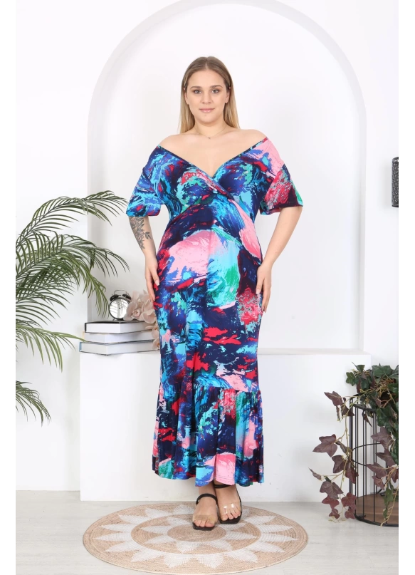 Short Sleeve Ruffled Blue Print Dress