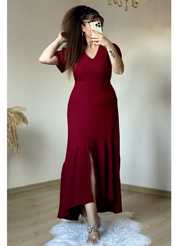 Kısa Kol Romantik Elbise Bordo