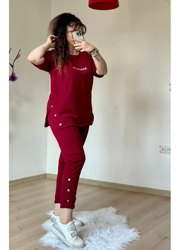 Kısa Kol Yan Çıtçıtlı Bordo Takım