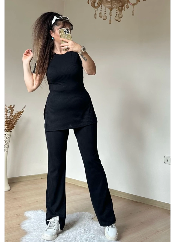 Kısa Kol Yan Yırtmaçlı Kaskorse Takım Siyah