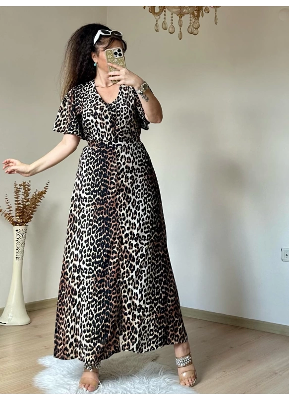 Kol Volanlı Leopar Elbise