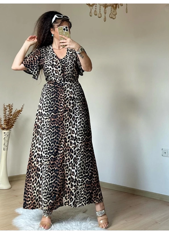 Kol Volanlı Leopar Elbise