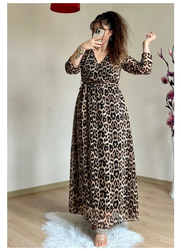 Koyu Renk Uzun Leopar Desen Şifon Elbise