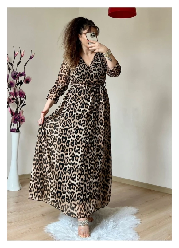 Koyu Renk Uzun Leopar Desen Şifon Elbise