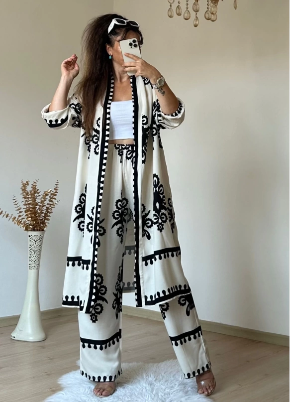 Cream Patterned Tunic Set