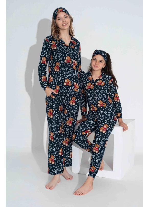 Lacivert Ayıcık Desen Anne Pijama Takımı
