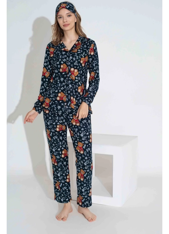 Lacivert Ayıcık Desen Anne Pijama Takımı