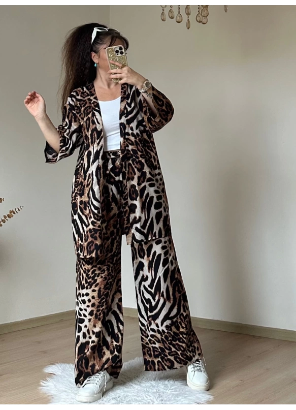 Leopar Desen Dokuma Viskon Kimono Takım