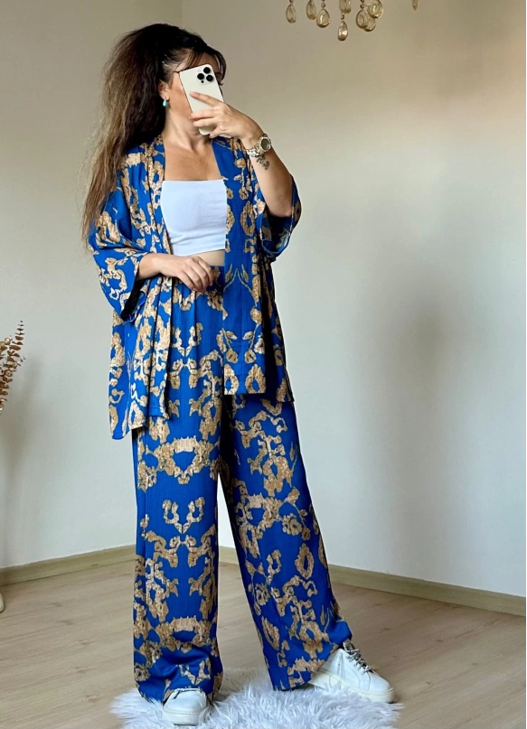 Mavı Motif Desen Kimono Takım
