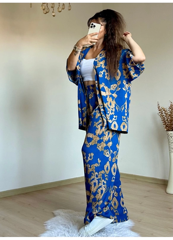 Mavı Motif Desen Kimono Takım