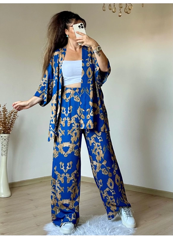 Mavı Motif Desen Kimono Takım
