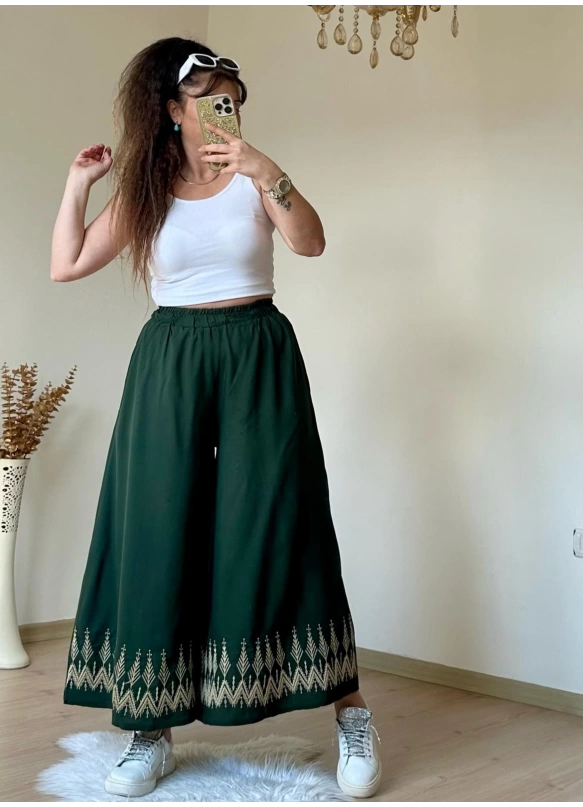 Nakışlı Pantalon Etek Haki