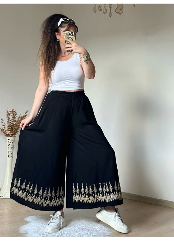 Nakışlı Pantalon Etek Siyah