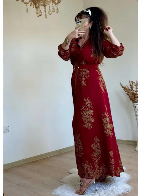 Otantık Desen Gömlek Elbise Bordo