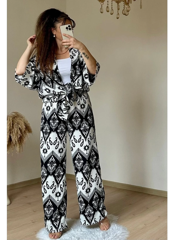 Otantik Desen Kimono Takım Siyah