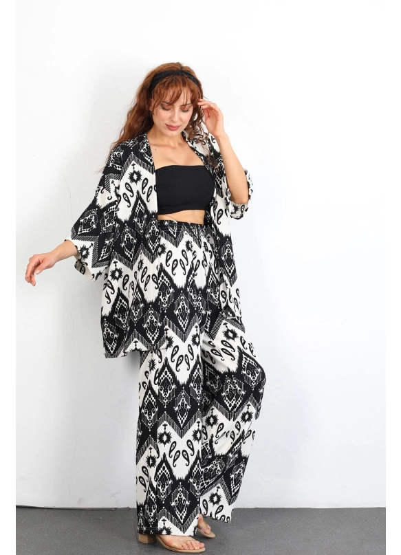 Otantik Desen Kimono Takım Siyah